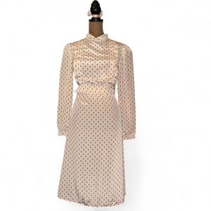 Elegant Vintage 70s Cream Polka Dot Dress